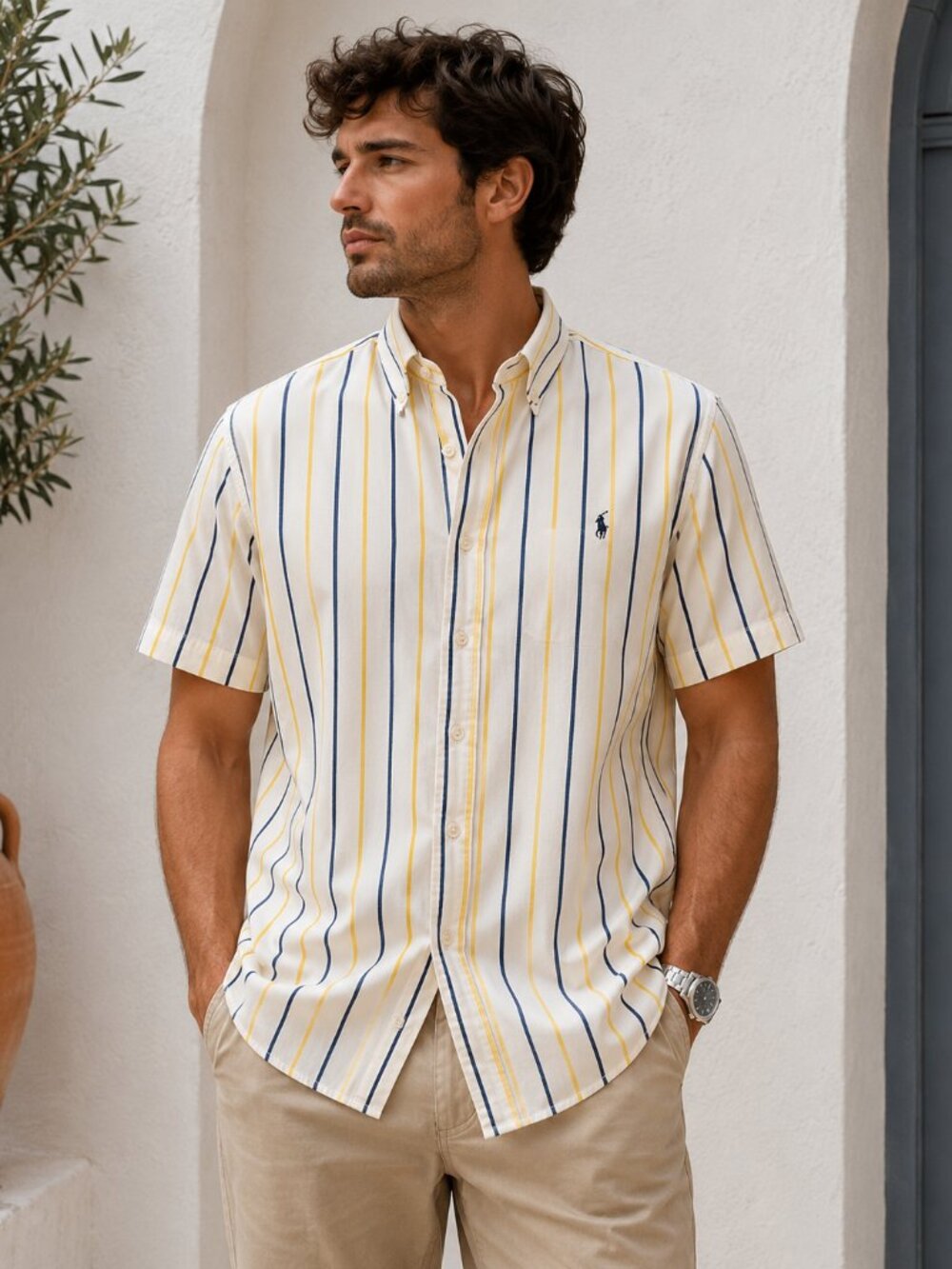 Polo by Ralph Lauren Yellow & Navy Striped Short-Sleeve Button-Down Shirt